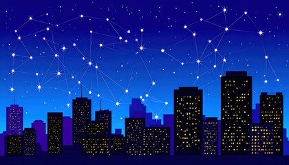 Naklejka premium Starry Night Sky Over Urban Cityscape with Visible Constellations