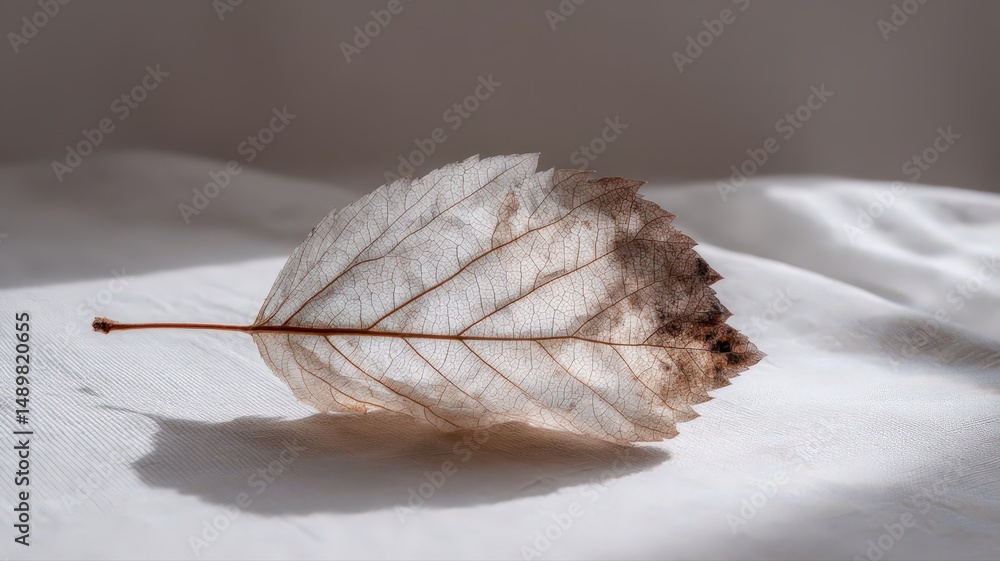 Poster delicate leaf casting sharp shadow on neutral surface with soft ambient lighting