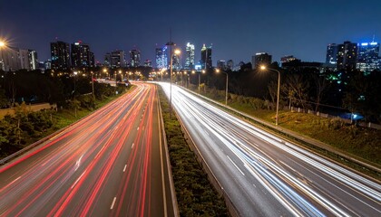 Fototapeta premium Night Cityscape with Car Headlights Creating Light Streaks