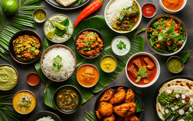 A colorful South Indian Thali with various dishes, rice, and bread. Delicious and diverse.
