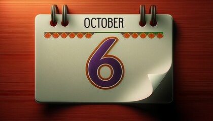 Illustration of paper calendar with date 6 October. Day and month for birthday, anniversary or appointment