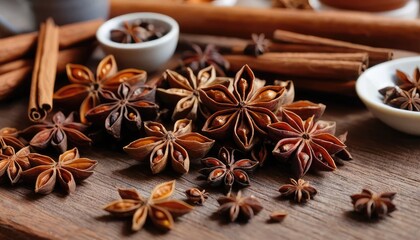Aromatic Star Anise and Cinnamon Sticks on Rustic Wooden Table