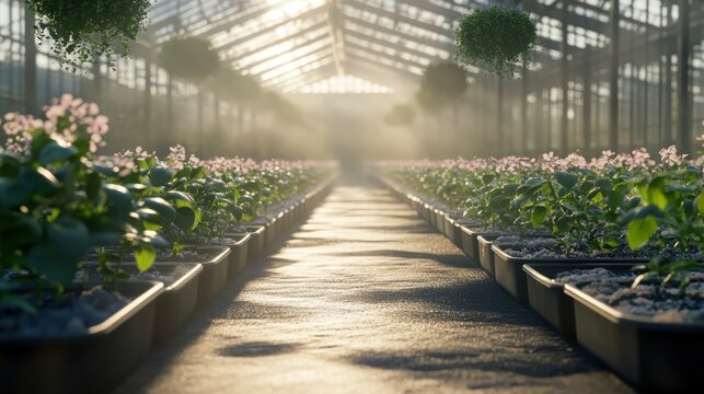 Greenhouse sunrise, plants, path, mist, growth