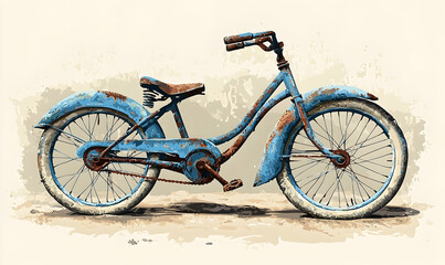 A weathered, blue bicycle with rusty accents, shown in a painterly style against a neutral background