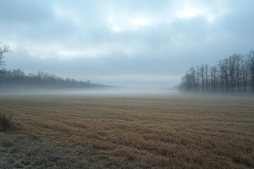 Fototapeta premium Eerie fog shrouds a harvested field