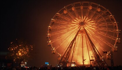 A giant illuminated Ferris wheel lights up the night sky while a large crowd gathers below at a festive outdoor event filled with warm orange lighting and haze