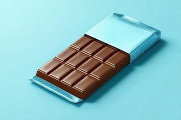 Partially unwrapped chocolate bar on blue background