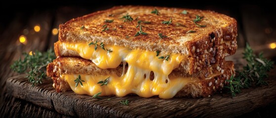 Golden grilled cheese delight on rustic wood with fresh herbs