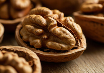 Fototapeta premium A detailed close-up shot reveals a shelled walnut alongside its textured, brown shell on a wooden surface.