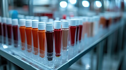 Lipstick samples, lab testing, color palette, beauty production, stock photo