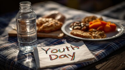 Close-up of picnic food and handwritten Youth Day card on fabric during International Youth Day celebration with homemade snacks, outdoor lunch and sunny weather