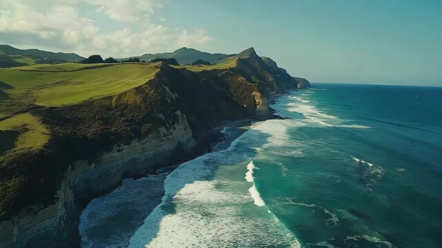 Coastal Landscape of Cape Kidnappers, New Zealand: Aerial View of Cliffs, Ocean Waves, Green Hills, and Rugged Coastline on a Sunny Day