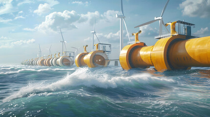 A row of tidal energy generators in the ocean with wind turbines in the background under a cloudy sky
