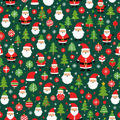 Santa Claus Christmas Seamless Pattern: A delightful and festive seamless pattern featuring Santa Claus, Christmas trees, ornaments, snowflakes, and other Christmas icons.