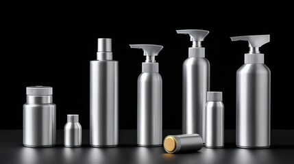 Silver cosmetic bottles, dark background, product display, packaging design