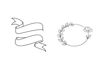 Elegant black and white vector illustrations of ribbons and floral wreath elements