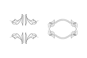 Elegant decorative vector elements with botanical and floral ornaments in outlined black and white style