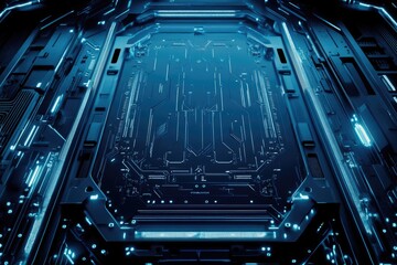 Futuristic, detailed circuit board, glowing blue.  Intricate, metallic structure