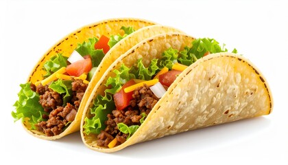 Two tacos filled with seasoned beef, lettuce, and cheese.