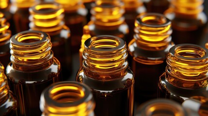 Obraz premium Amber bottles, pharmaceutical production, factory, glowing, packaging