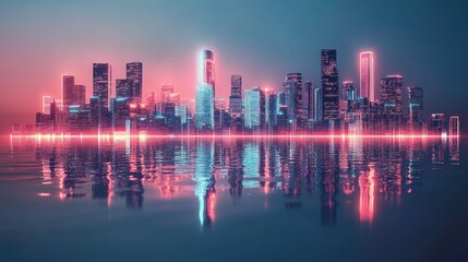 Fototapeta premium Futuristic cityscape reflection neon lights digital illustration