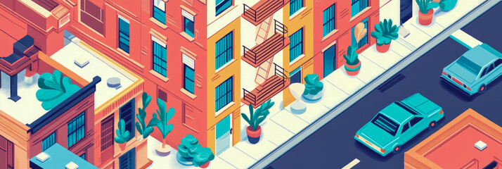 Isometric city block illustration with buildings, cars and plants.