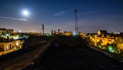 Illuminated Rooftop at Night Under Moonlight and City Lights