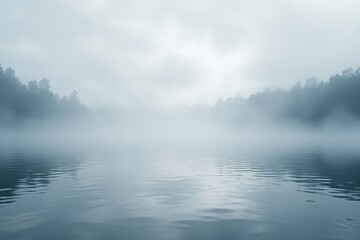 Ethereal misty lake reflecting forested shores
