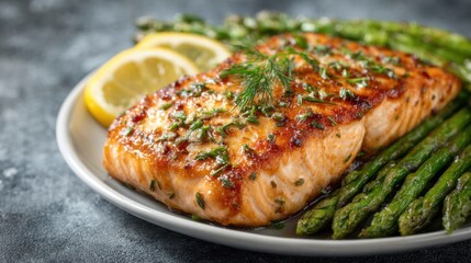 Elegant seared salmon with asparagus and lemon garnish