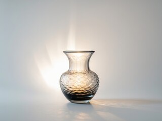 Elegant Glass Vase with Intricate Design, Radiating Light and Shadow on a Simple Backdrop.