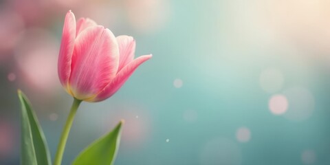 Obraz premium A Single Pink Tulip in Soft Focus, a Delicate Spring Bloom Against a Pastel Background
