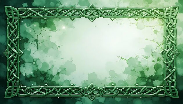 Decorative Celtic Frame with Green Watercolor Background for Invitations
