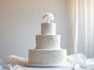 Elegant White Wedding Cake with Floral Topper, Placed on a White Tablecloth.