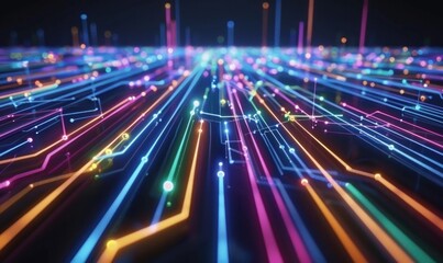 Fototapeta premium Neon digital network flowing, abstract background, technology concept, website banner