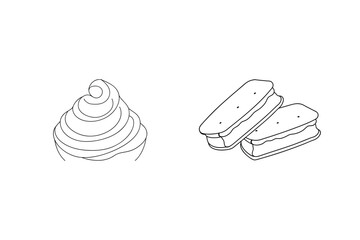 Black and white outline illustration of soft serve ice cream and ice cream sandwiches