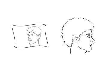 Minimalist black and white illustration featuring two male portraits in outline form