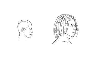 Black line art portraits illustrating different male hairstyles side profiles in minimalist style