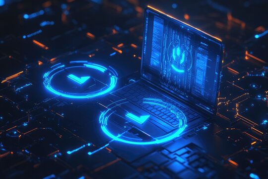 High-tech laptop with glowing verification symbols on a circuit board