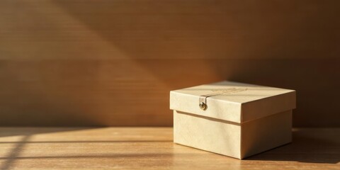 A simple, elegant beige gift box sits on a light wood surface, bathed in warm sunlight