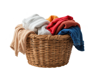 a light brown wicker basket overflows with an assortment of colorful fabrics. the textiles vary in hue, including tan, white, yellow, red, brown, and blue