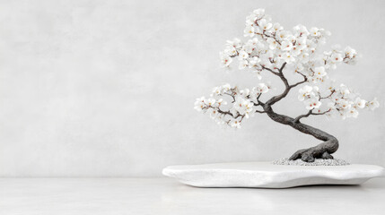 Zen Aesthetic with Bonsai and White Flowers, Decorative Minimalist Interior