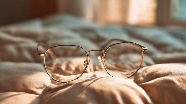 Eyeglasses resting on soft beige bed cover in warm sunlight, perfect for visuals about vision care, senior insurance plans or home safety and lifestyle security - Powered by Adobe