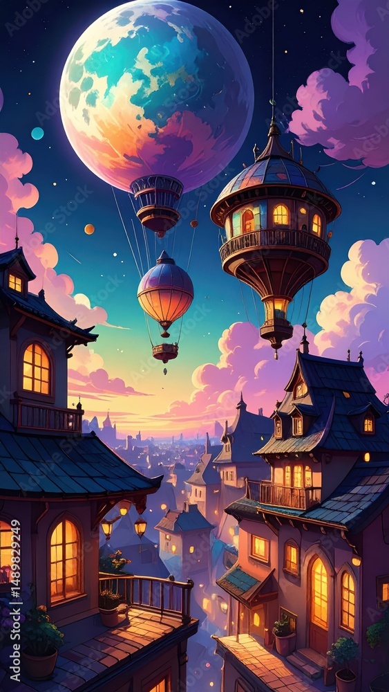 Poster dreamlike rooftop scene with floating objects and distorted perspectives