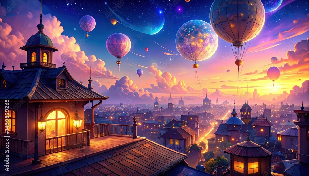 Poster dreamlike rooftop scene with surreal floating objects and distorted views