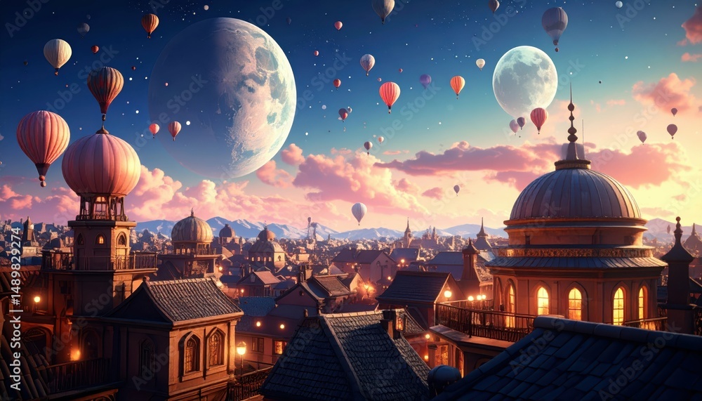 Aufkleber dreamlike rooftop scene with surreal floating objects and balloons