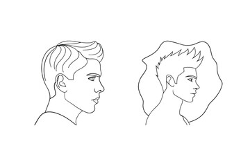 Two handsome men in profile outlined with different modern hairstyles and facial features