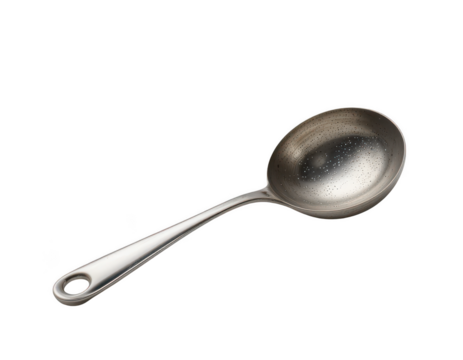the image features a metal utensil, specifically a spoon with a perforated bowl. the spoon is silver in color and has a sleek, polished appearance