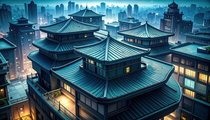 Dreamlike Rooftop View with Surreal Distorted Perspectives at Night