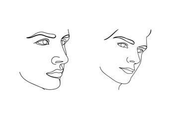 Minimalist line art illustration of two male faces in profile perspective
