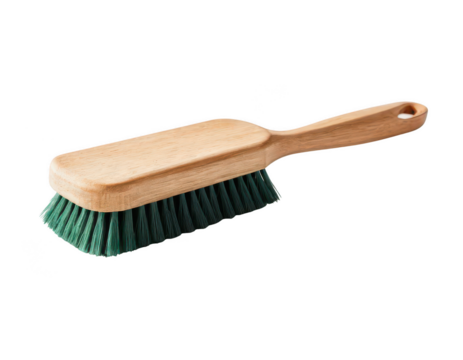 a cleaning tool is seen against a solid, dark background. the tool has a rectangular wooden base with rounded edges and a natural finish